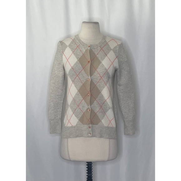 J. CREW Cashmere Cardigan Sweater Argyle Diamond Print Gray Orange Buttons Small - Picture 1 of 10